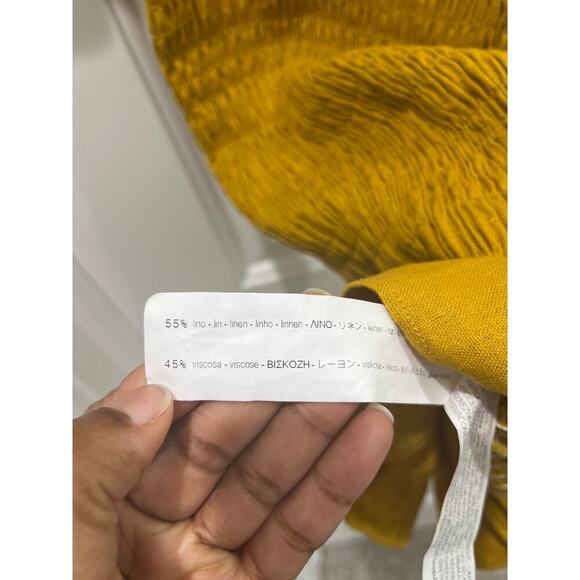 ZARA Rustic Mustard Yellow Smocked Linen Blend Off The Shoulder Mini Dress Sz M - Picture 3 of 5